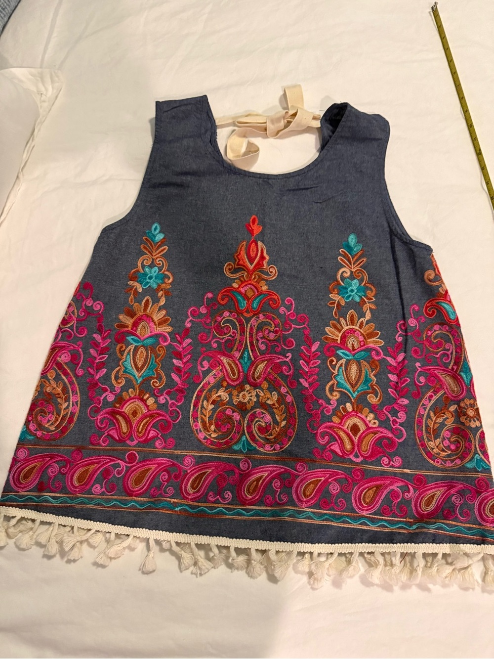 entro Navy Embroidered Sleeveless Tunic with Tassel Hem